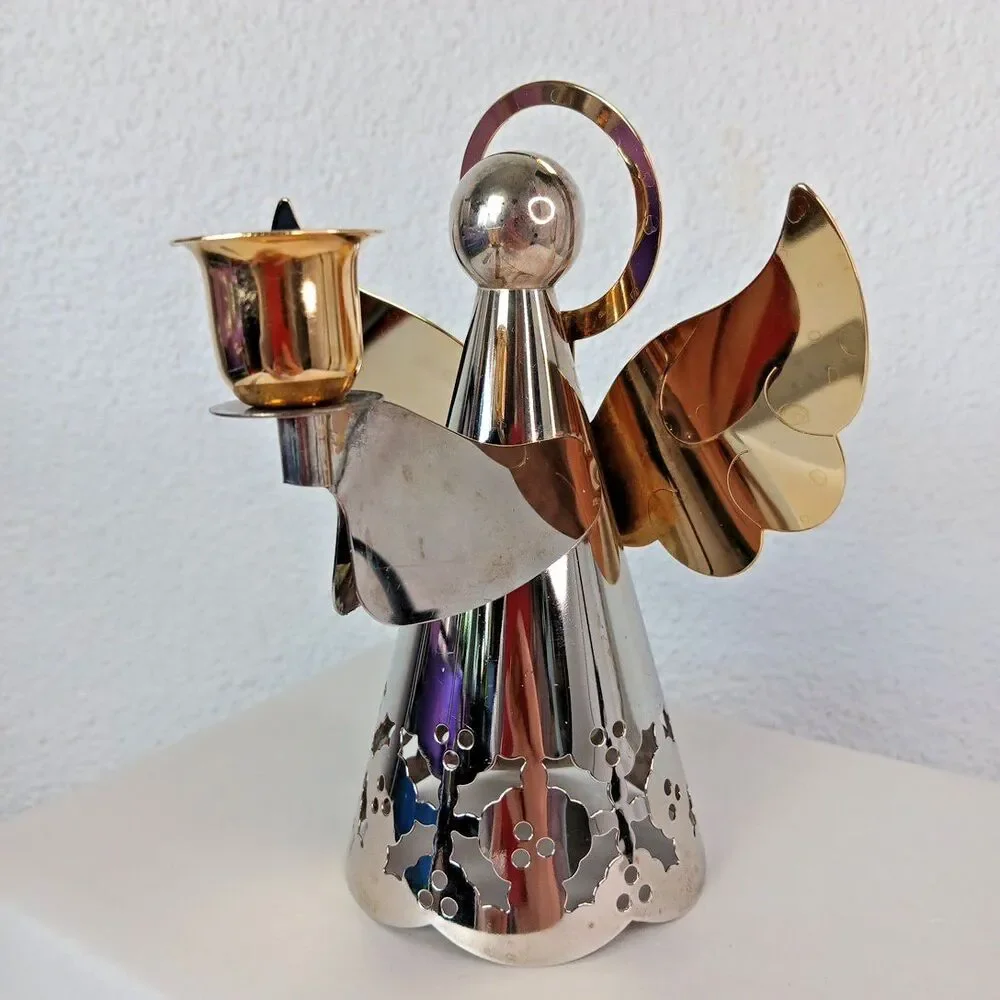 Angel Candle Holder Silver and Gold Tone Metal Vintage Holly Cutouts Festive